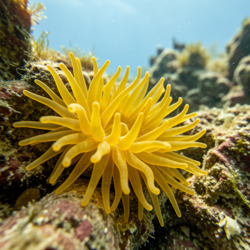 Anémone encroûtante jaune aux tentacules délicats fixée sur une roche dans son habitat marin naturel.