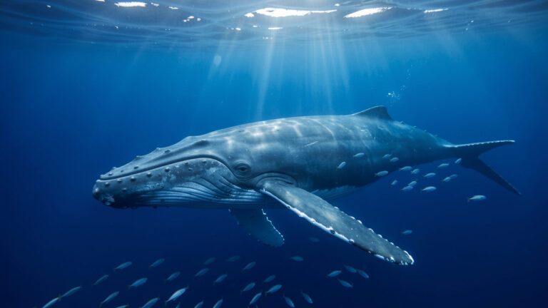 Une baleine bleue nage paisiblement dans les eaux claires et profondes de la Méditerranée, entourée de petits poissons argentés et éclairée par les rayons du soleil.