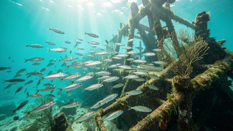 Un vaste banc de sardines méditerranéennes évolue autour des vestiges couverts d’algues d’une épave immergée, dans une eau turquoise traversée par les rayons du soleil.