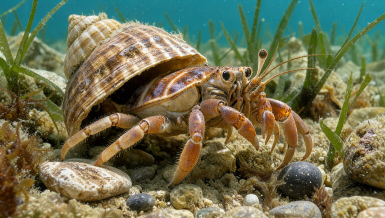 Bernard-l’hermite méditerranéen sortant d’une coquille sur un fond rocheux couvert d’algues et d’herbiers marins.