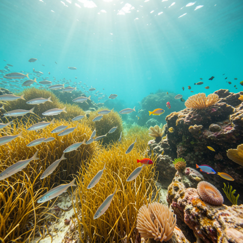 Écosystème marin méditerranéen de la côte catalane avec des bancs de poissons, des herbiers de posidonie et des récifs rocheux colorés.