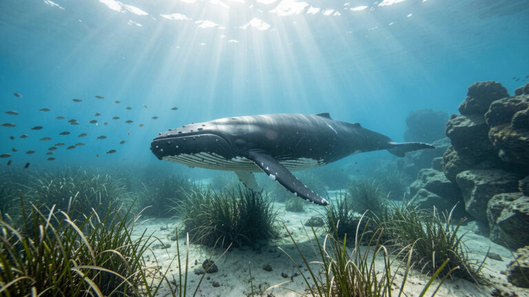 Un cachalot nage dans les eaux claires de la Méditerranée, entouré de poissons, d’herbiers marins et de formations rocheuses sous-marines.