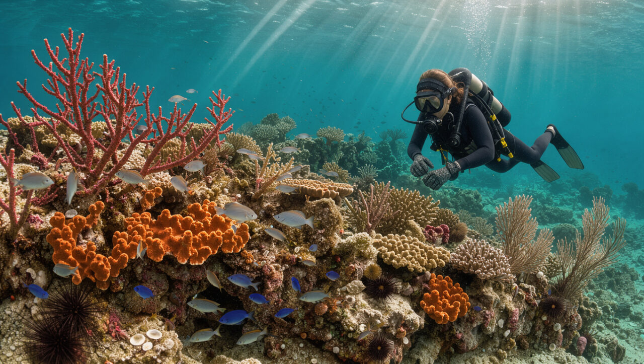 Une plongeuse observe à distance un récif de corail méditerranéen coloré, sans le toucher, dans une eau turquoise éclairée par les rayons du soleil.