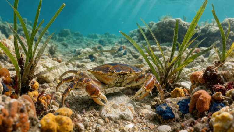 Crabe méditerranéen avançant sur un fond rocheux entouré d’herbiers et d’éponges colorées, éclairé par les rayons du soleil sous l’eau.