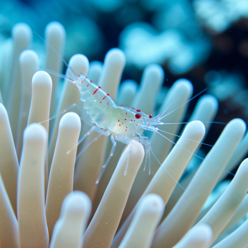 Crevette Periclimenes transparente aux fines marques rougeâtres posée sur une anémone de mer, photographiée en gros plan sous l’eau.