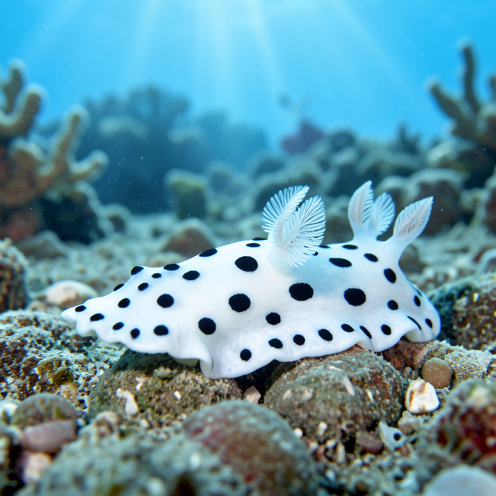 Gros plan sous-marin d’une doris dalmatienne, une limace de mer blanche tachetée de noir, avançant sur un fond rocheux.