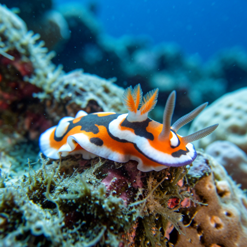 Nudibranche Doris tricolore aux motifs orange, blancs et gris foncé, avançant sur un récif rocheux sous l’eau.