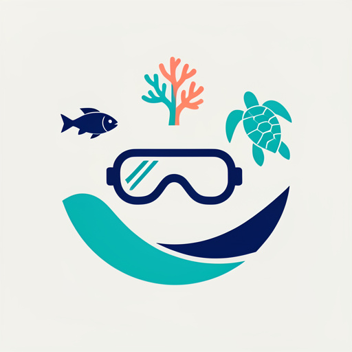 Emblème minimaliste représentant une vague méditerranéenne stylisée avec un masque de plongée, un poisson, un corail et une tortue marine.