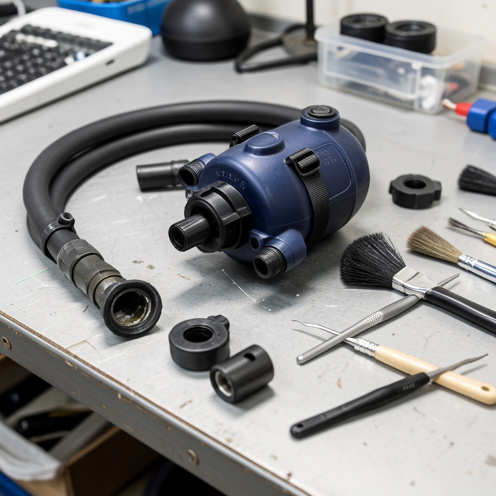 Vue rapprochée d’un inflateur de gilet stabilisateur de plongée démonté et soigneusement nettoyé sur un établi, entouré d’outils et de petites pièces mécaniques.
