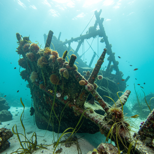 Épave rouillée de l’Astrée reposant sur les fonds marins près de Port-Vendres, entourée de coraux, d’algues et de petits poissons.