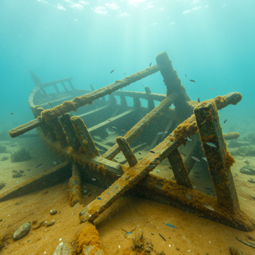 Épave ancienne du Pythéas reposant sur le fond marin près de Port-Vendres, entourée de sédiments, de végétation méditerranéenne et de petits poissons.