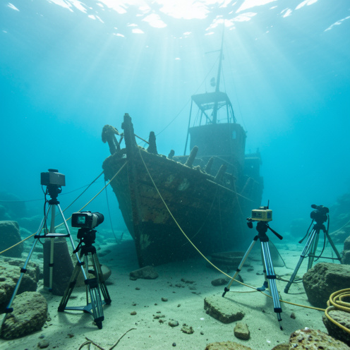 Épaves historiques immergées près de Port-Vendres, entourées de lignes d’amarrage et d’équipements de relevé sous-marin dans une eau méditerranéenne claire.