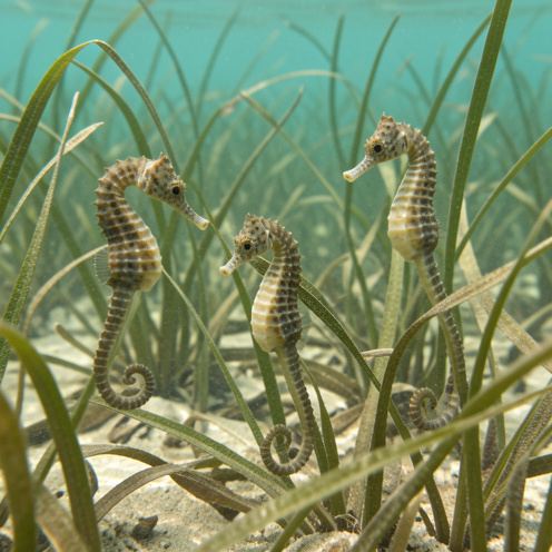 Plusieurs hippocampes mouchetés évoluent doucement parmi les herbiers sous-marins de l’étang de Leucate.