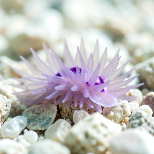 Gros plan sous-marin d'une flabelline mauve, un nudibranche translucide aux délicates branchies plumeuses, se déplaçant sur un fond rocheux clair.