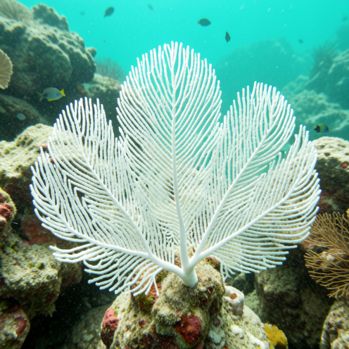 Gorgone blanche aux ramifications délicates fixée sur un récif rocheux méditerranéen, observée dans une eau turquoise claire avec de petits poissons.