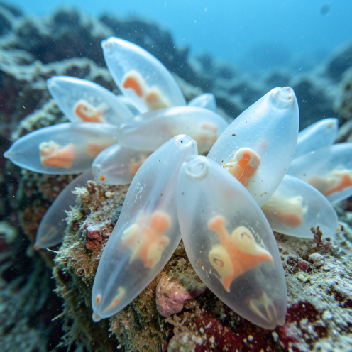 Colonie de grandes clavelines translucides fixées sur un fond rocheux sous-marin, avec leurs organes internes orange et jaune visibles à travers leur corps transparent.