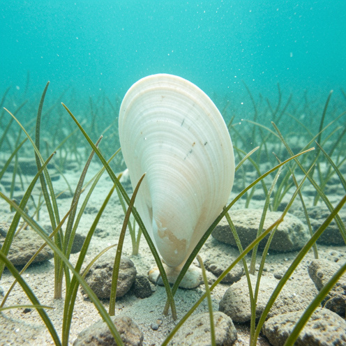 Grande nacre de Méditerranée dressée au milieu des herbiers de posidonie, éclairée par la lumière turquoise sous-marine.