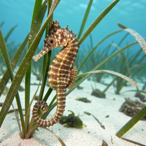 Hippocampe moucheté accroché à une herbe marine dans une lagune côtière peu profonde.