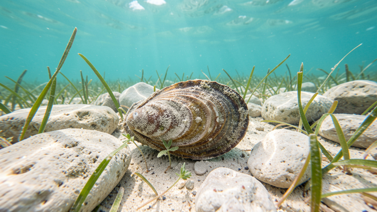 Huître solitaire posée sur un fond marin méditerranéen rocheux, entourée d’herbiers et de sable sous une eau turquoise.