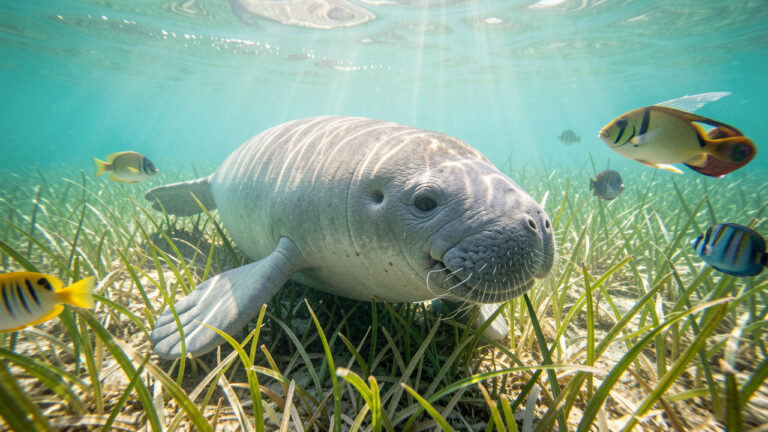 Un lamantin paisible nage au-dessus d’une prairie sous-marine dans une eau turquoise éclairée par les rayons du soleil.