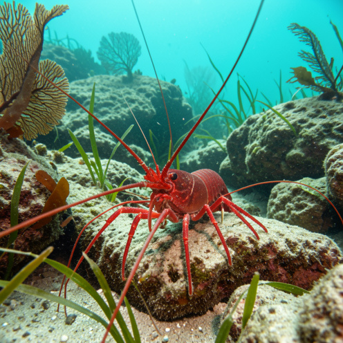 Langouste rouge de Méditerranée reposant dans une crevasse rocheuse, entourée d’algues et de végétation marine.