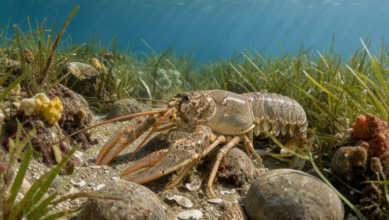Langoustine de Méditerranée reconnaissable à ses longues antennes et ses pinces orangées, posée sur un fond rocheux entouré d’herbiers marins et d’éponges.
