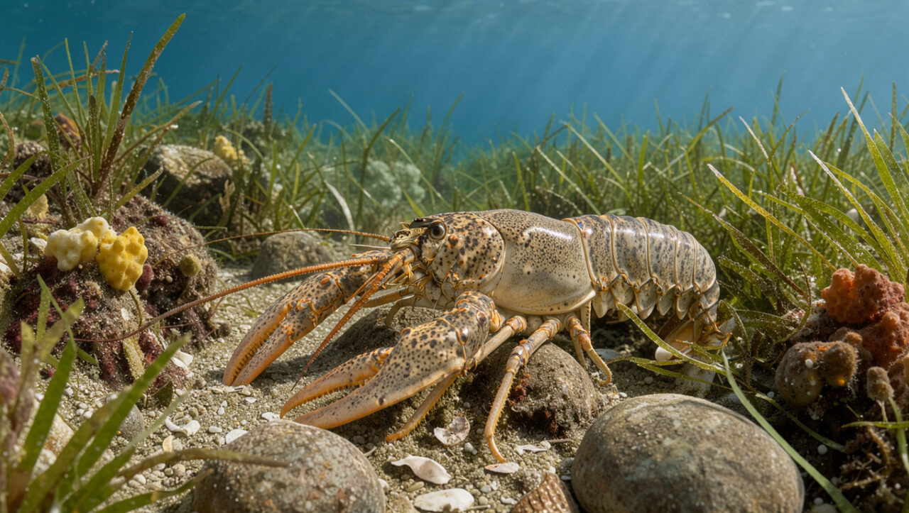 Langoustine de Méditerranée reconnaissable à ses longues antennes et ses pinces orangées, posée sur un fond rocheux entouré d’herbiers marins et d’éponges.