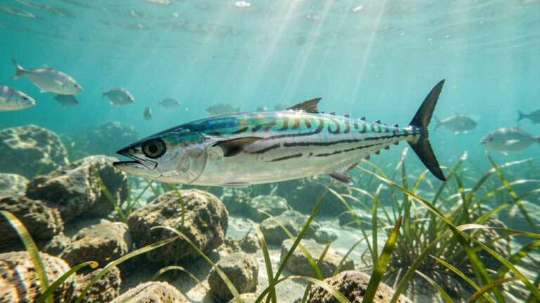 Maquereau méditerranéen au corps argenté et au dos bleu-vert nageant rapidement près d’un récif rocheux sous une eau turquoise.