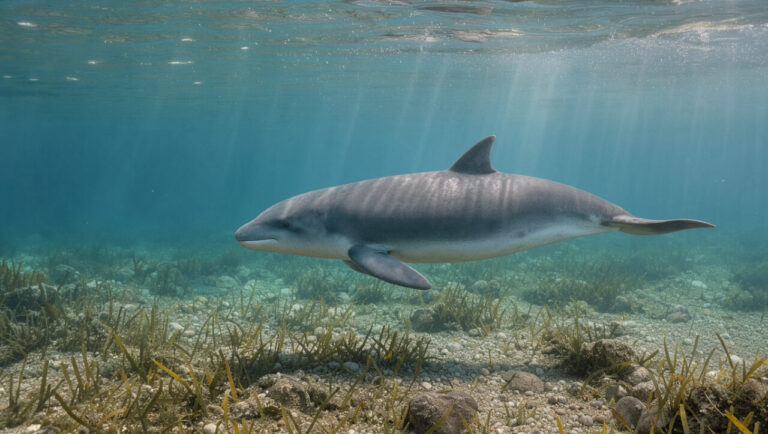 Un marsouin nage sous la surface claire de la Méditerranée, au-dessus d’un fond rocheux couvert d’herbiers marins, observé à distance dans un environnement calme.