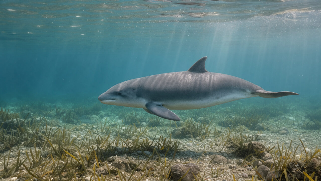 Un marsouin nage sous la surface claire de la Méditerranée, au-dessus d’un fond rocheux couvert d’herbiers marins, observé à distance dans un environnement calme.