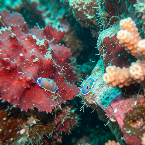 Gros plan sous-marin d’un petit nudibranche coloré posé sur des algues rouges, au milieu des rochers méditerranéens du site de plongée La Mauresque près de Port-Vendres.