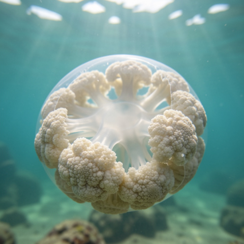 Méduse chou-fleur, ou rhizostome, flottant dans une eau côtière claire avec son ombrelle translucide et ses bras buccaux caractéristiques.