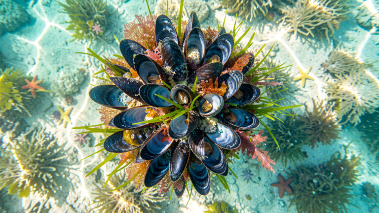 Vue en plongée d’un groupe de moules méditerranéennes entourées d’algues, d’herbiers marins et de petites étoiles de mer dans une eau turquoise claire.