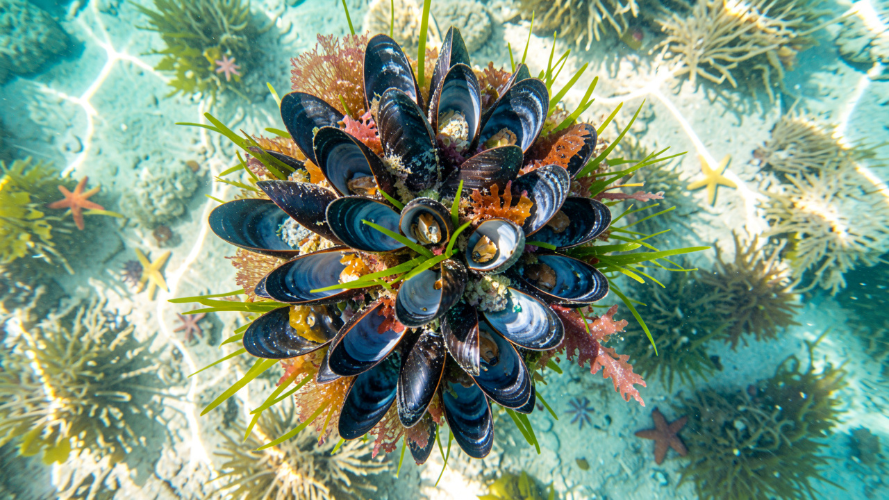 Vue en plongée d’un groupe de moules méditerranéennes entourées d’algues, d’herbiers marins et de petites étoiles de mer dans une eau turquoise claire.