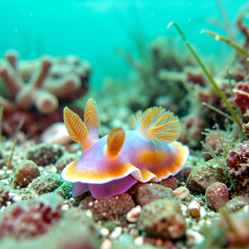 Gros plan sous-marin d’un nudibranche coloré se déplaçant sur un fond rocheux méditerranéen, avec ses rhinophores et ses branchies bien visibles.