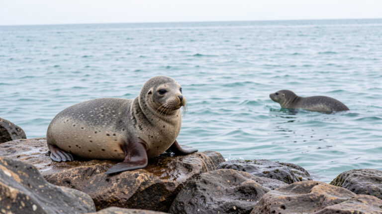 Une otarie se repose paisiblement sur un rivage rocheux tandis qu’une autre nage à proximité, dans un habitat côtier naturel préservé.