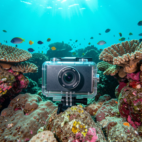 Appareil photo compact étanche dans un caisson de protection, posé sur un fond marin rocheux entouré de coraux colorés et de petits poissons.