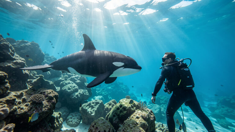 Une orque nage gracieusement dans les eaux claires de la Méditerranée, tandis qu’un plongeur l’observe à distance près d’un récif rocheux.