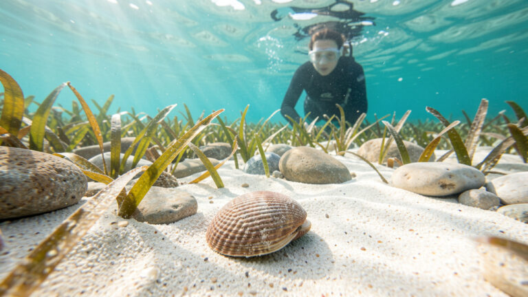 Une palourde discrètement enfouie dans le sable d’un fonds méditerranéen, entourée d’herbiers marins et observée par une plongeuse.