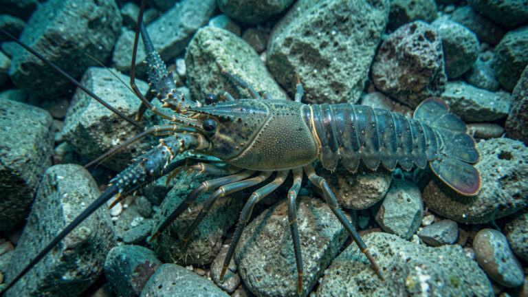 Homard méditerranéen photographié en plongée au-dessus d’un fond rocheux, éclairé par une lumière douce sous-marine.
