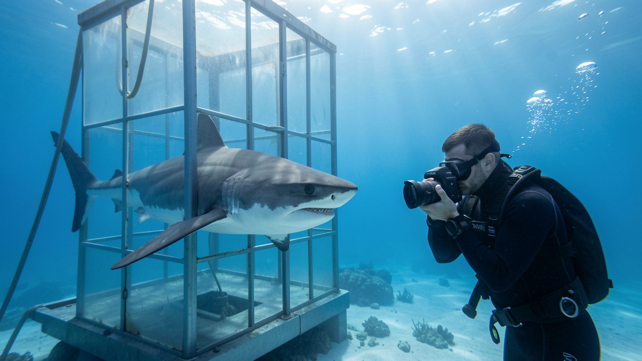 Un grand requin blanc nage calmement devant une cage d’observation sécurisée, tandis qu’un photographe sous-marin en combinaison le photographie à distance respectueuse.