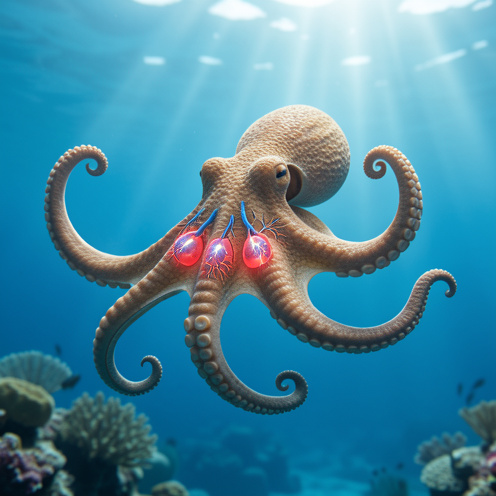 Illustration réaliste d’une pieuvre nageant sous l’eau, avec une visualisation anatomique discrète de ses trois cœurs et de ses neuf centres nerveux.