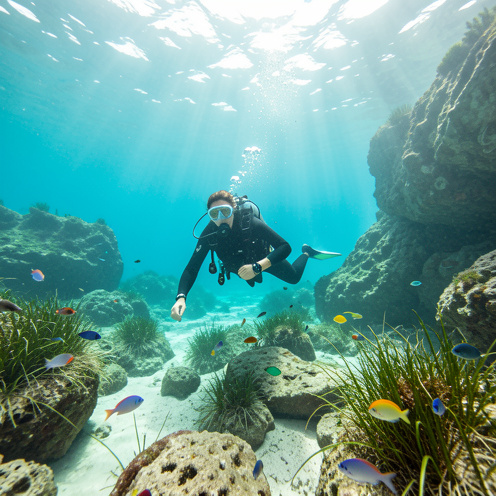 Une femme plongeuse explore les eaux turquoise et cristallines de la Cala Caials près de Cadaqués, au-dessus des rochers, des herbiers marins et de poissons méditerranéens.