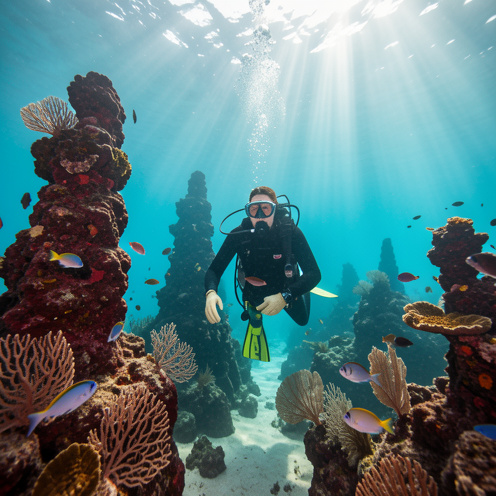 Une plongeuse explore des formations volcaniques sous-marines près de Lanzarote, dans une eau turquoise claire entourée de poissons et de rayons de soleil.