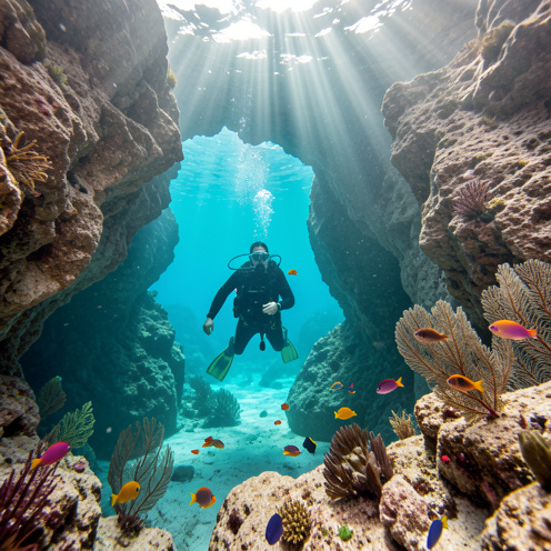 Plongeur explorant une arche rocheuse sous-marine près de Gozo, à Malte, dans une eau turquoise éclairée par les rayons du soleil.