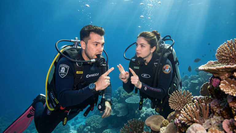Un homme et une femme plongeurs communiquent sous l’eau par gestes de la main près d’un récif corallien, avec leur équipement de sécurité.