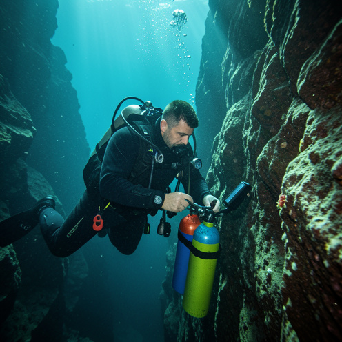 Un plongeur technique équipé d’une combinaison étanche vérifie ses bouteilles de gaz lors d’une descente le long d’une paroi rocheuse sous-marine.