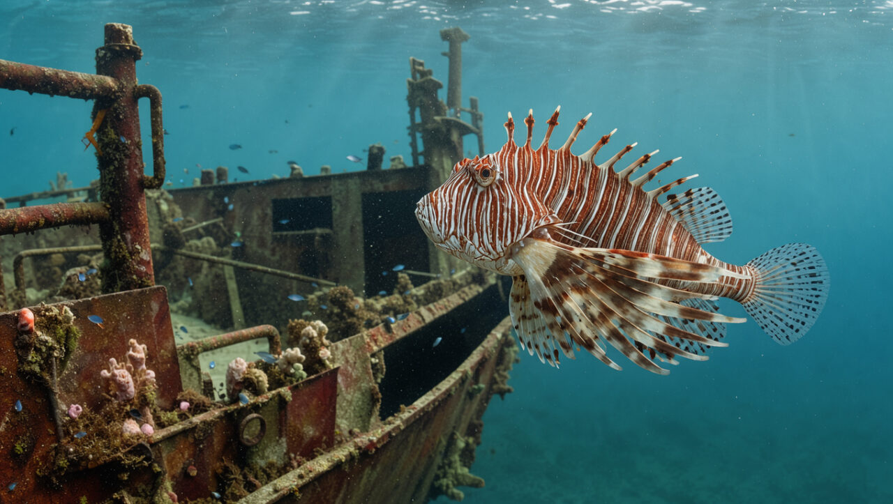 Poisson-lion méditerranéen aux nageoires rayées nageant près d'une épave sous-marine.
