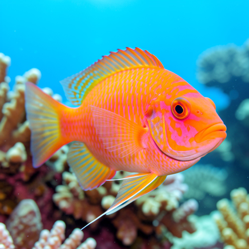 Portrait rapproché d’un anthias ou barbier commun aux écailles orange, roses et jaunes, nageant au-dessus d’un récif corallien dans une eau bleue.