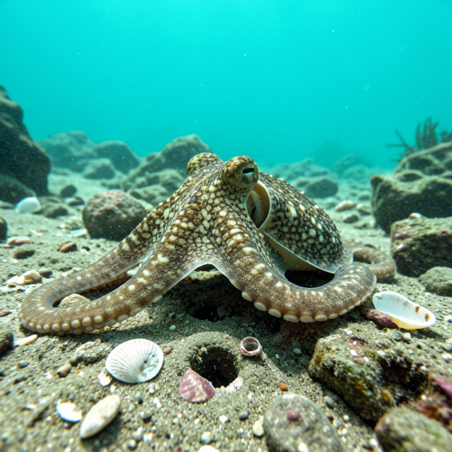 Poulpe tacheté posé sur un fond rocheux marin, observant les coquillages et les anfractuosités avec ses tentacules déployés.
